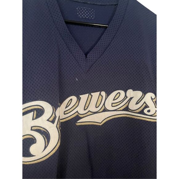 Majestic MLB Mens Blue Milwaukee Brewers Baseball Mesh Jersey Pullover Size 46 - Picture 6 of 9